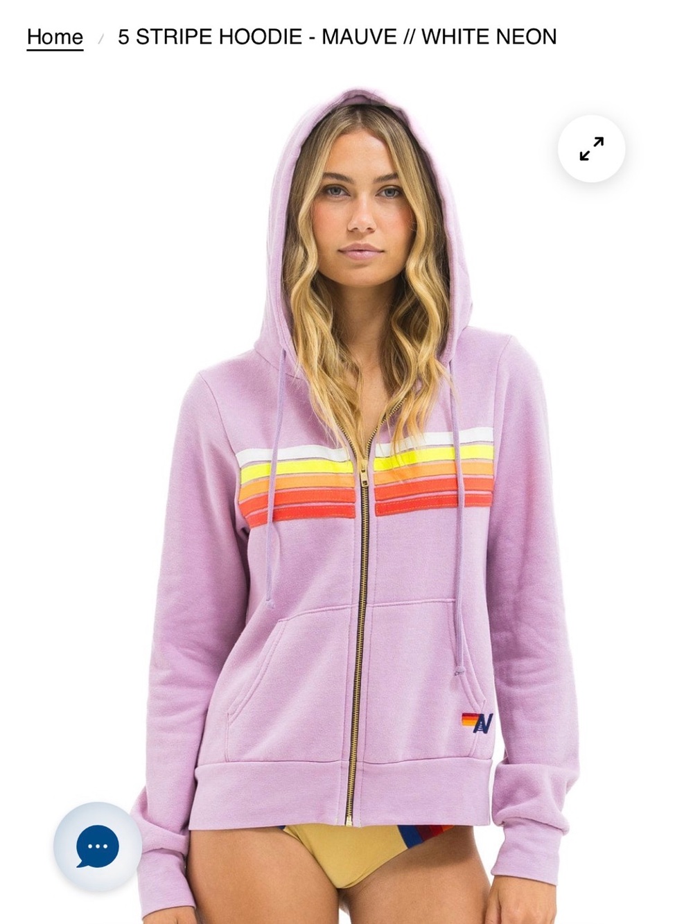 Aviator Nation Mauve Zip Hoodie with White, Neon Yellow, Orange & Red Stripes